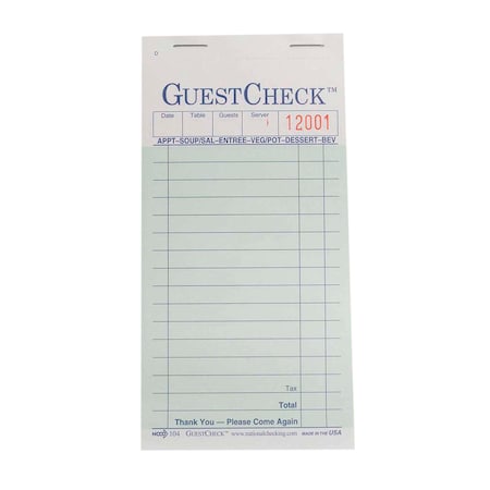 National Checking 3.5"x6.75" 2 Part Green Carbon 16 Line Guest Check 50 Checks, PK50 104-50